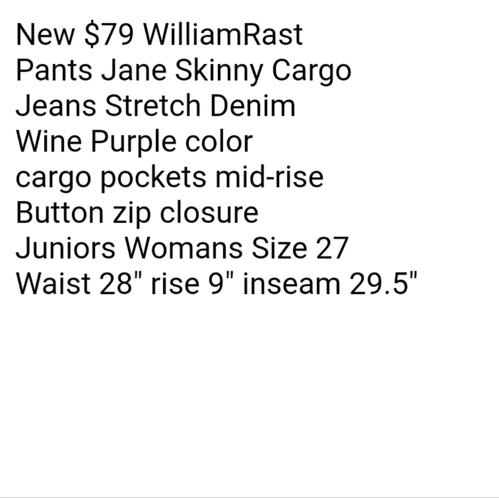 William Rast Pants Jane Skinny Cargo Jeans Ankle Stretch Denim Wine Woman Sz 27